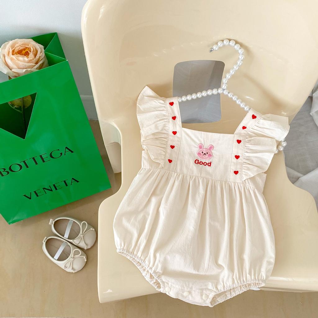 Summer Baby Romper with Heart Sleeve and Bunny Embroidery Square Neck Shortall