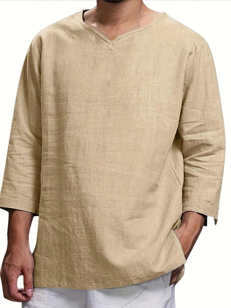Мужская весенняя 2024 года повседневная рубашка с V-образным вырезом и длинным рукавом из льна и хлопка