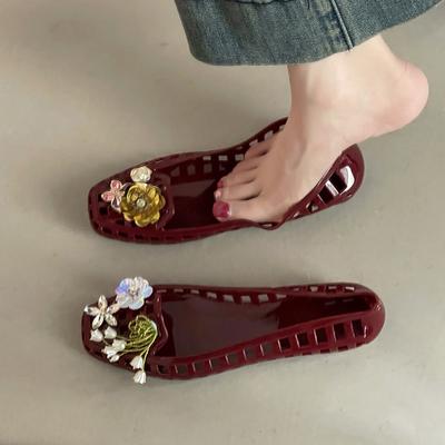 Модные нишевые дизайнерские сетчатые полые хрустальные сандалии 2025 новая летняя модель с юбкой цветочные прозрачные туфли с отверстиями