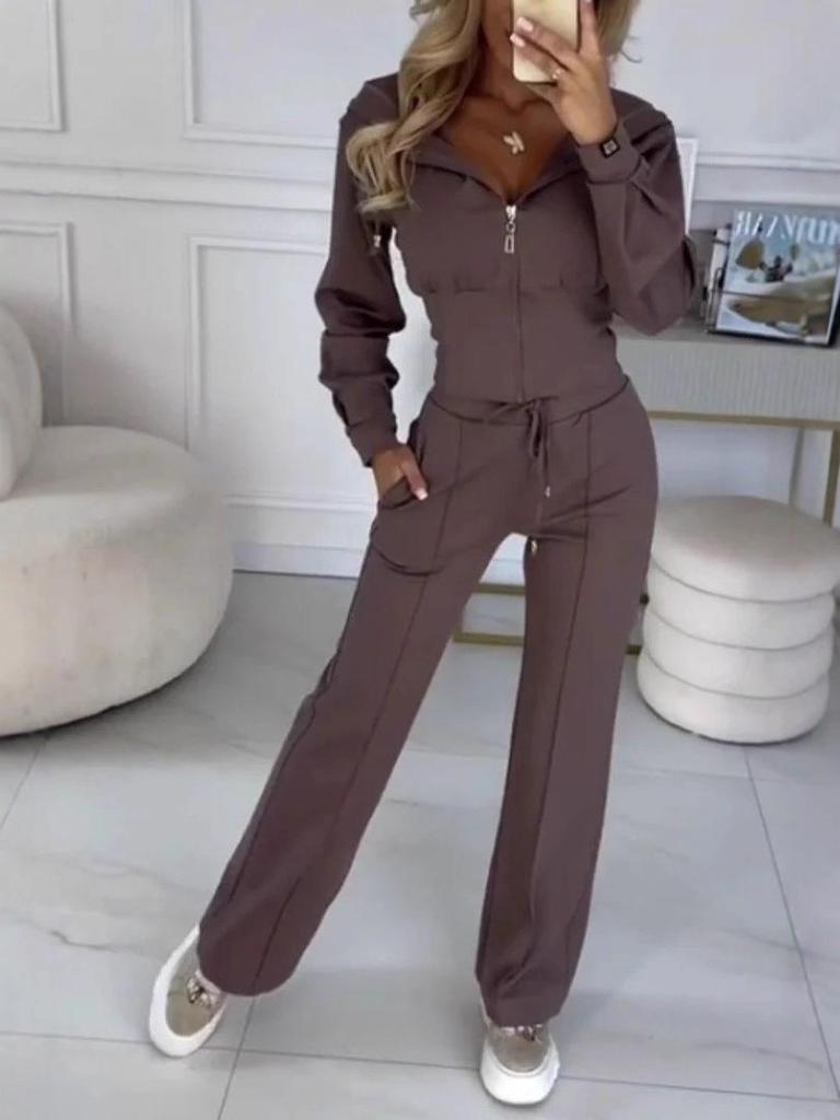 2025 Autumn/Winter Solid Color Hooded Zip-Up Top & Wide-Leg Pants Two-Piece Set