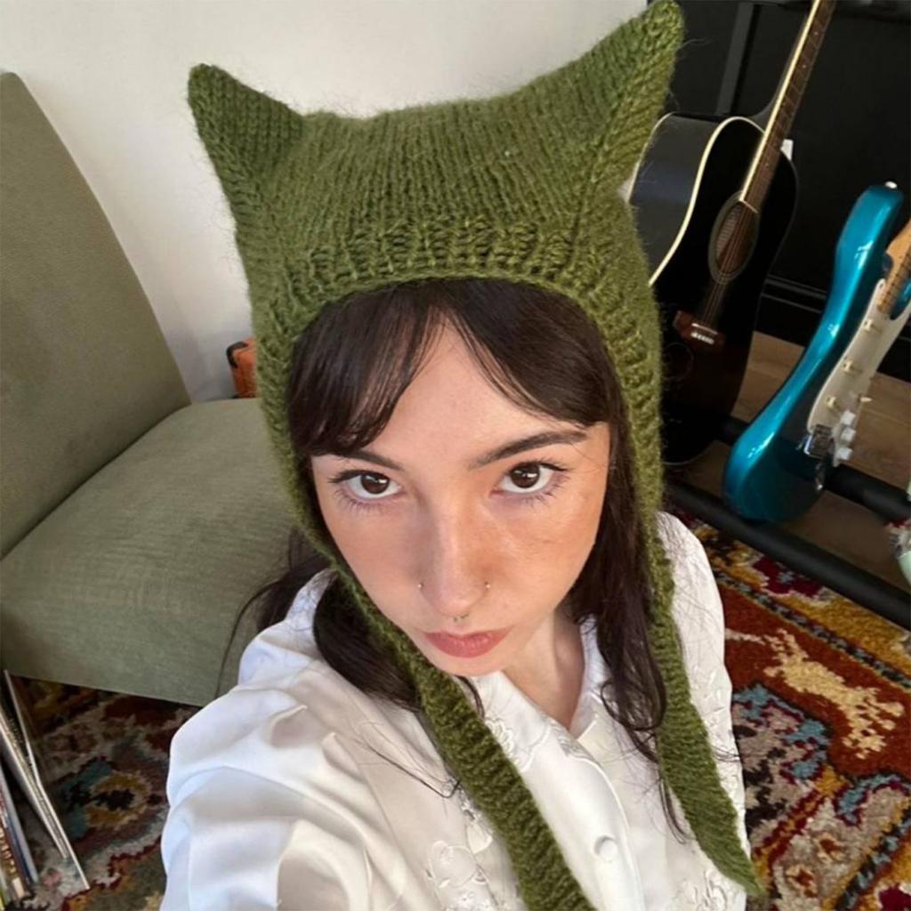 Cat Ear Beanie Hat for Women Harajuku Style Star/Stripe Skull Hat Handmade Crochet Hat Y2K Cool Girls Warm Headpieces