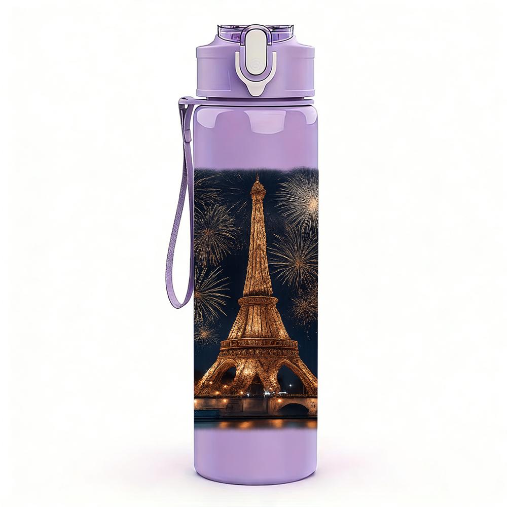 1PC Eiffel Tower Night Scene 750ml Color Plastic Sports Water Bottle Leakproof Flip Straw Lid For Sports Office Home Use