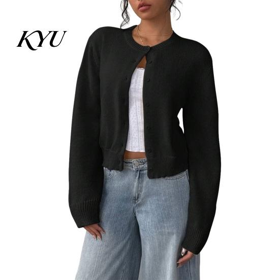 Casual Knitwear Women Round Neck Knit Sweater, Solid Color Button-Up Cardigan for Waist Length Pullover Fall Winter, Long Sleeve Short Top Sweater
