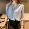 Summer Chiffon Blouse V Neck Loose Fit Korean Style Slimming Top Casual Elegant Basic Shirt