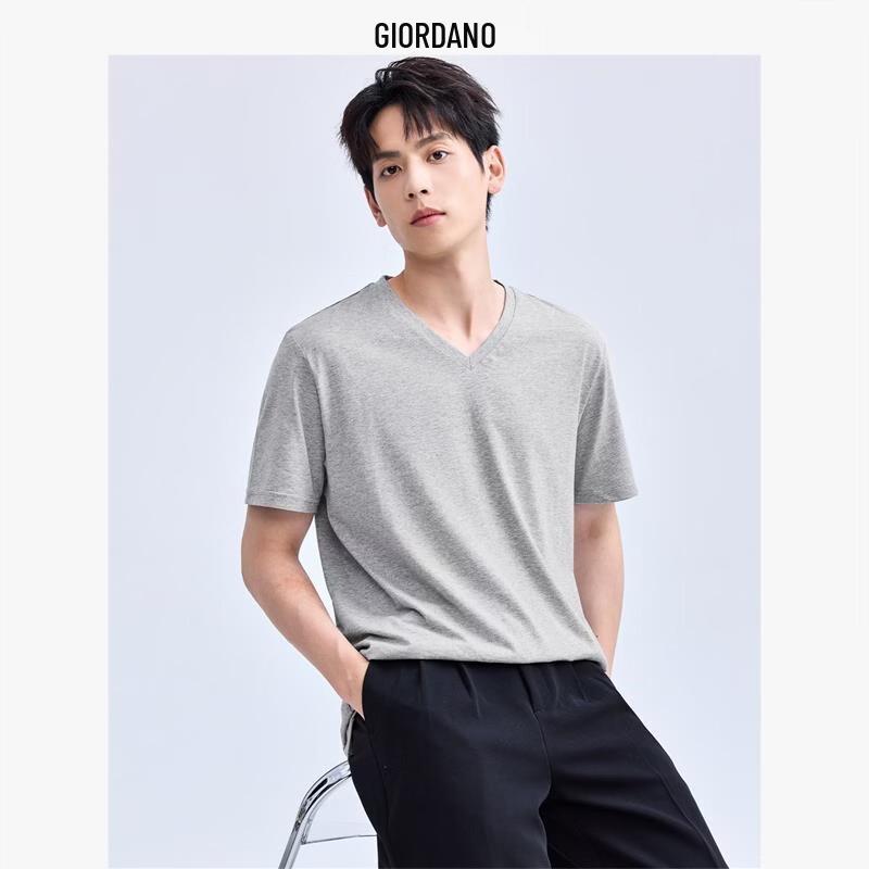 GIORDANO Мужская футболка из чистого хлопка с V-образным вырезом