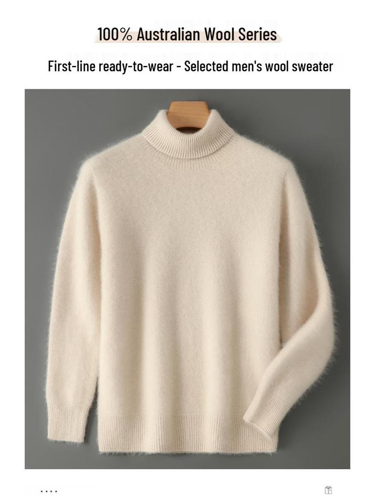 Men's High-Neck 100% Pure Wool Sweater: Thick Long-Sleeve Pullover for Autumn/Winter, Loose Fit Knitted Base Layer.