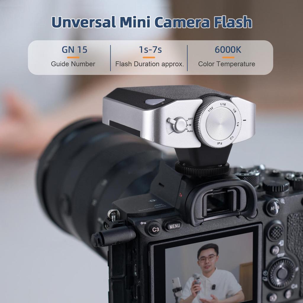 Universal Mini Camera Flash GN15 On-camera Flash Light 6000K Speedlite 6-Level Brightness Manual/