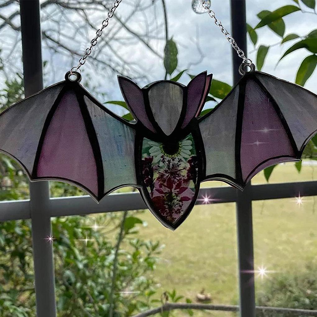 Halloween Bat Stained Glass Suncatcher - Indoor And Outdoor Bat Decor Hanging Practical Durable