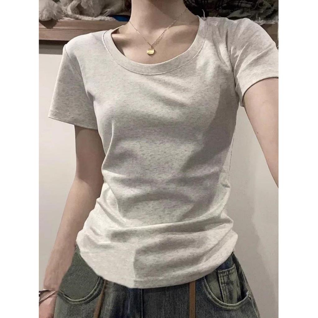 Cotton Short Sleeve T-shirt Women's Summer Close-Fitting and Slim-Fitting Solid Color Bottoming Shirt American Top