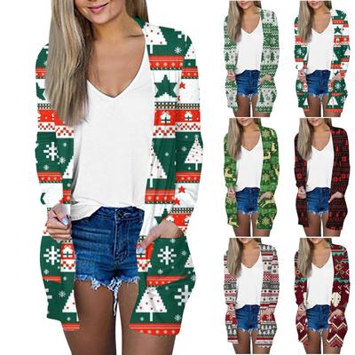 Рождественская женская модная повседневная куртка-кардиган средней длины с длинным рукавом и принтом