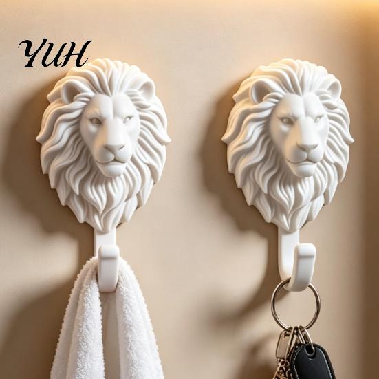 3D Printed Lion Ornament 2Pcs Lion-Head Wall Hooks, Animal Shaped Hanger, Self?Adhesive Drill Free Towel Hanger Coat Key Hook, Home Entryway
