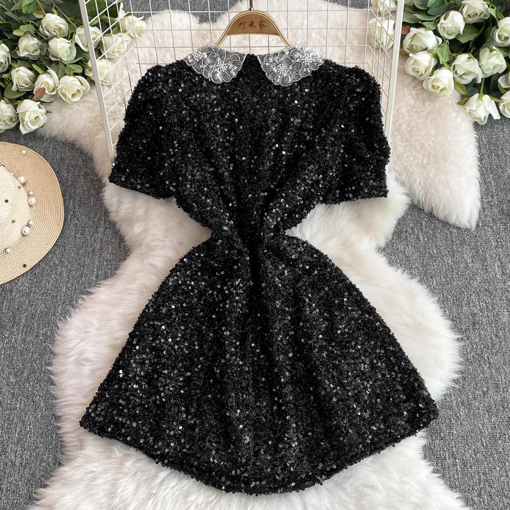 Летние женские милые платья мини с короткими рукавами и воротником Питер Пэн, черные, с пайетками, бриллиантовыми пуговицами, для вечеринки феи-принцессы