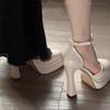 Catwalk Sandals Female Mary Jane Waterproof Desk Bag Head Hollow One-word Buckle with Thick-soled Thick Heel Beige High Heels