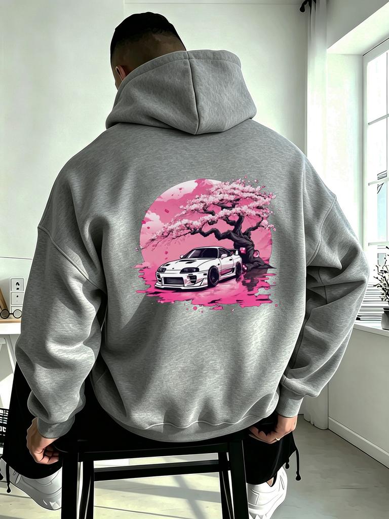 Vintage Japanese Racing Car Hoodie with Cherry Blossom & Full Moon Print - Retro JDM Design Hooded Pullover, Machine Washable Suit