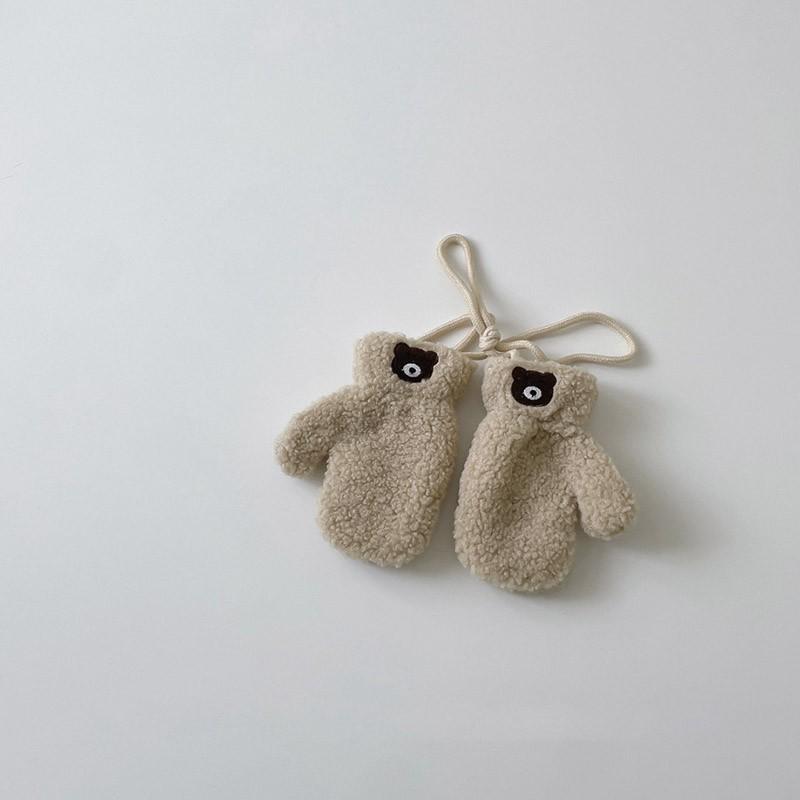 Cute Embroidered Bear Baby Gloves Lamb Wool Winter Boys Girls Full Finger Gloves Outdoor Windproof Warm Kids Mittens