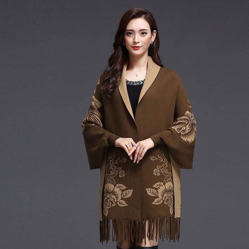 New Cashmere Tassel Poncho Shawl Dual-purpose Scarf Women Knitted Sweater Top Retro Cheongsam Cloak Cape Coat Outside Clothing