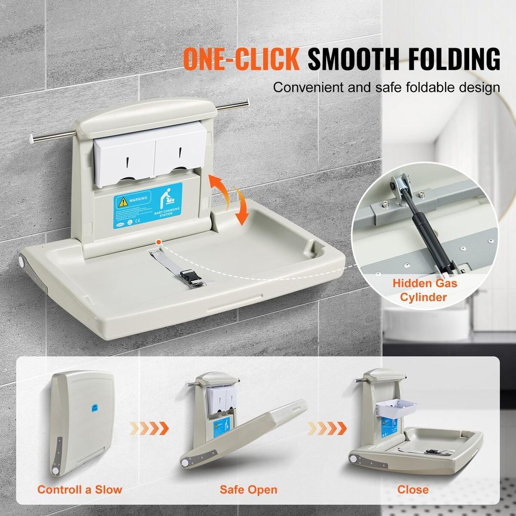 Wall-Mounted Baby Changing Station, Horizontal Foldable Diaper Change Table with Safety Straps and Hanging Rods, Use in Commercial Bathrooms, Daycare