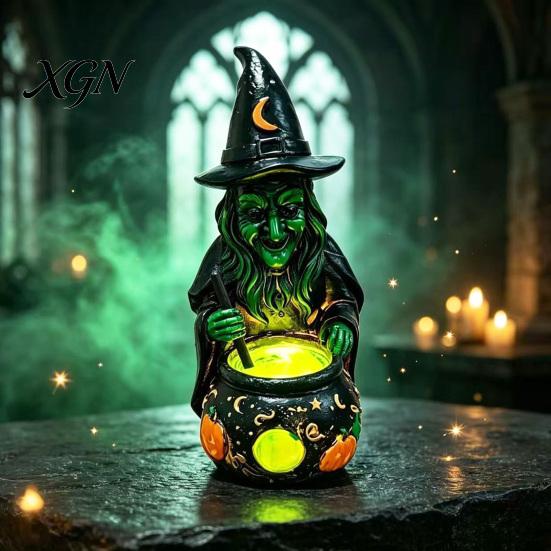 Gothic Home Decor for Halloween Witch Cauldron Lamp Figurine, Resin Scary Witches Lighted-Up Glowing Pot Figurine Cauldron, Festival Supplies