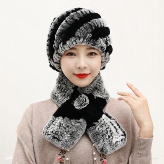Winter Knitted Natural Fur Hats Scarves Sets Women Warm Real Rex Rabbit Fur Hat Scarf Lady Fashion Thick Rex Rabbit Fur Hat