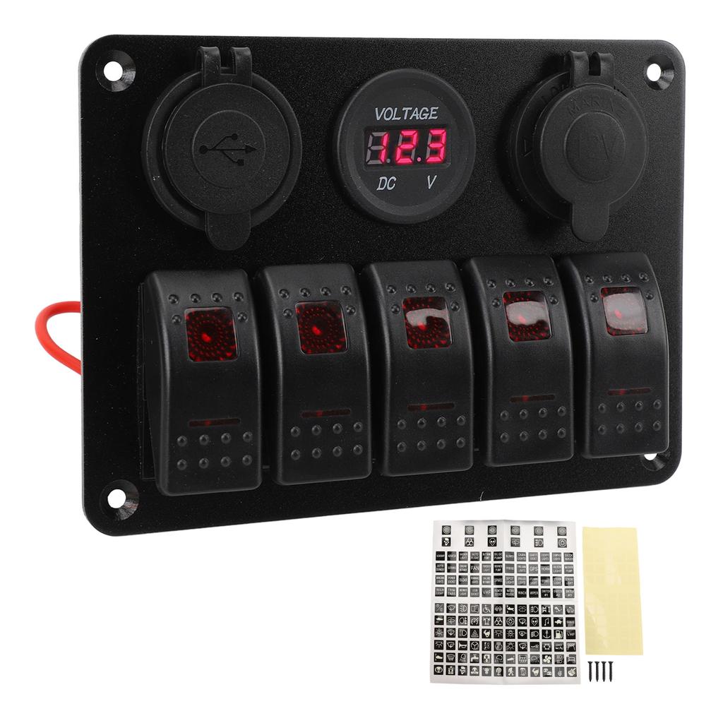 Switch Panel DC 12 to 24V 5 Gang Aluminum Alloy IP65 Water Resistant Prewired Rocker Switch Panel with Dual USB Cigar
