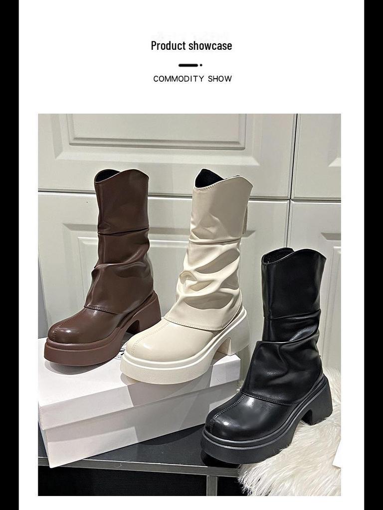 Плиссированные кремовые сапоги на толстом каблуке - 2025 осень/зима британская мода женские сапоги на высоком каблуке