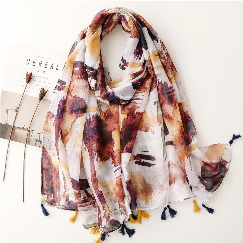 Spain Lovely Polka Floral Line Tassel Viscose Shawl Scarf Lady High Quality Wrap Thin Pashmina Stole Muslim Hijab 180*90Cm