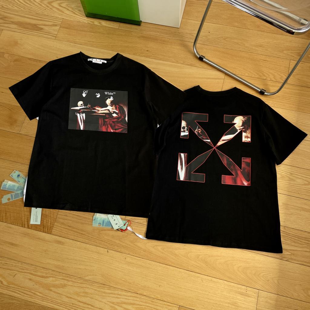 Off-White Лето 2025 года, новинка, классическая религиозная картина маслом Караваджо с принтом стрелы, классическая футболка с короткими рукавами для мужчин и женщин