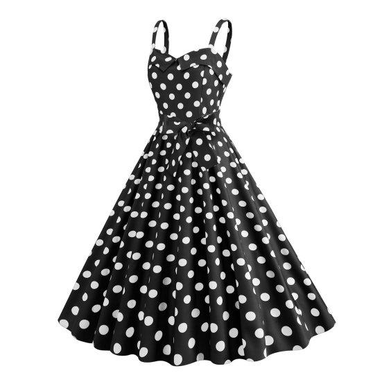 Women Vintage Dress 50s Retro A-line Big Swing Sleeveless Dot Print Contrast Color Elastic Bust High Tight Waist Backless