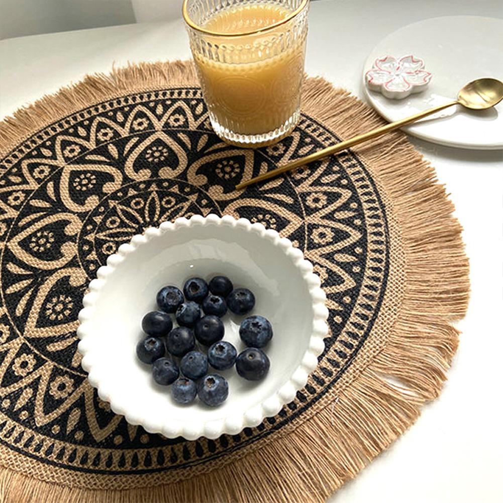 4pcs Jute Simple Tableware Mat Home Round Woven Mat Restaurant Retro Decorative Placemat