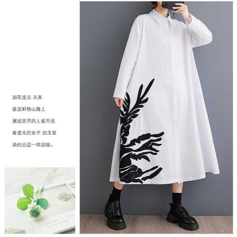 Loose Large Size Splicing Casual Simple Printed Sweet Long Sleeve Shirt Dresses