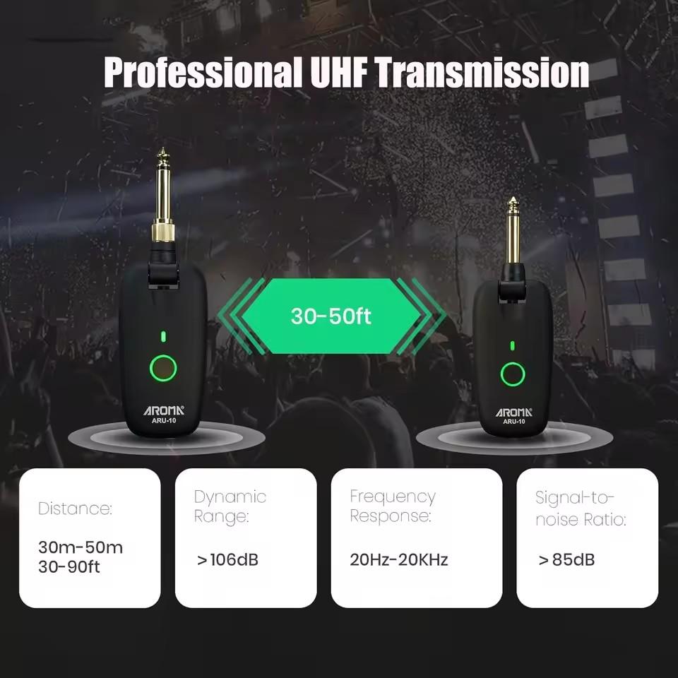 Aroma ARU-10 UHF Wireless System Rechargeable Audio Wireless Guitar Transmitter Receiver Support 7 Channels for Guitar Bass