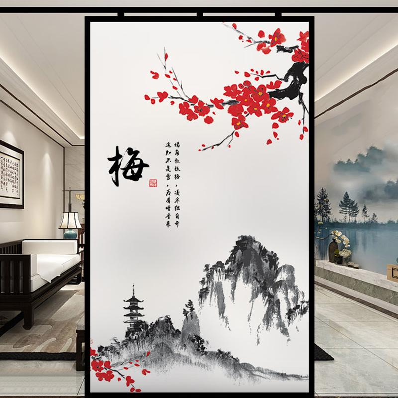 Chinese Ink Bamboo Orchid Flower Painting Glass Film Privacy Windows Film Static Cling Home Decor Stained Window Stickers