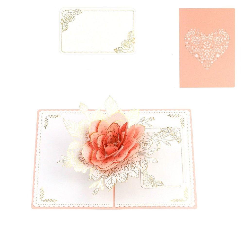 Romantic Pop Up 3D Rose Flower Card Paper Sculpture Elegant 3D Flower Greeting Card with Envelope Blessing Romantic Wedding Card