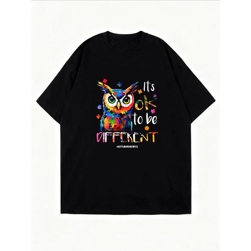 Женская повседневная футболка Белая сова и разноцветный узор-пазл с надписью Ok для повседневной носки и модного образа