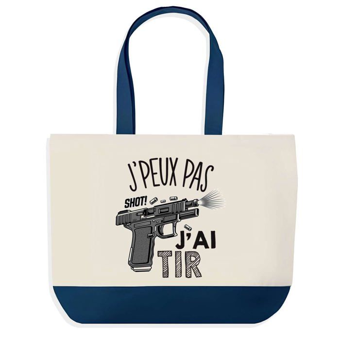 Sac shopping - PLANETEE - Sac shopping fond bleu "J'peux pas Tir" - Coton 40x45 cm - Grand format - Sans fermeture