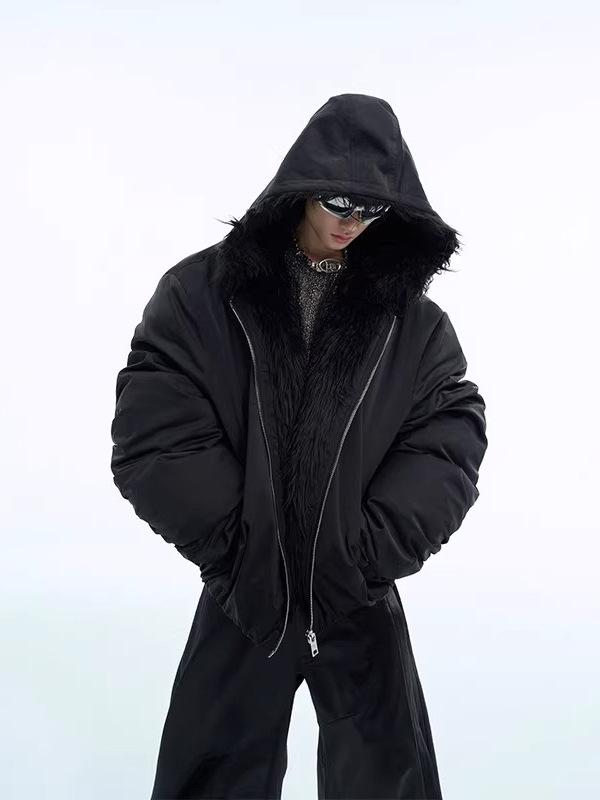 Zuo Shan Diao Men's Fur Collar Hooded Waterproof Cotton Jacket - Heavyweight, Velvet-Lined, Autumn/Winter Patchwork Outerwear