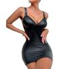 Womens PU Leather Bodycon Dress See-Through Mesh Back Adjustable Straps Sleeveless Mini Dresses with G-string Rave Costumes