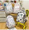 Ins Style Girls' Nylon Large Capacity Backpack For School Students Cartoon Cute Flower Pattern Grid Element