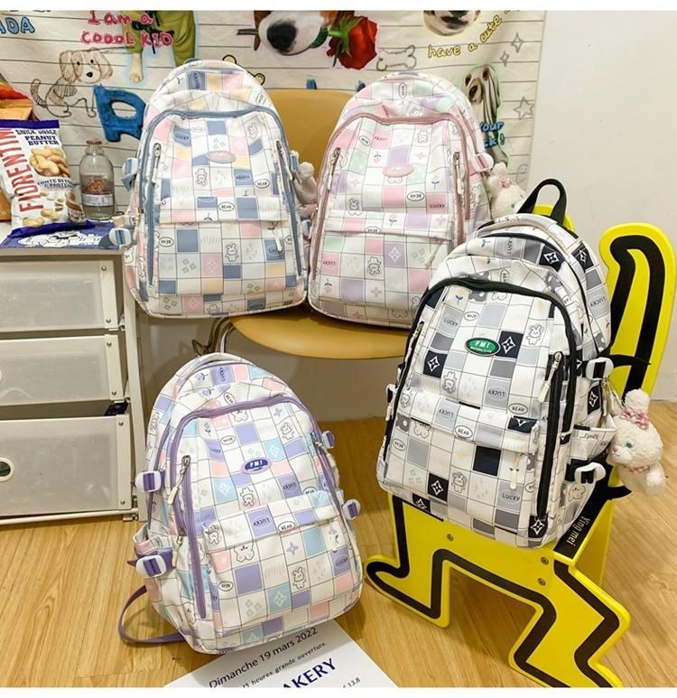 Ins Style Girls' Nylon Large Capacity Backpack For School Students Cartoon Cute Flower Pattern Grid Element
