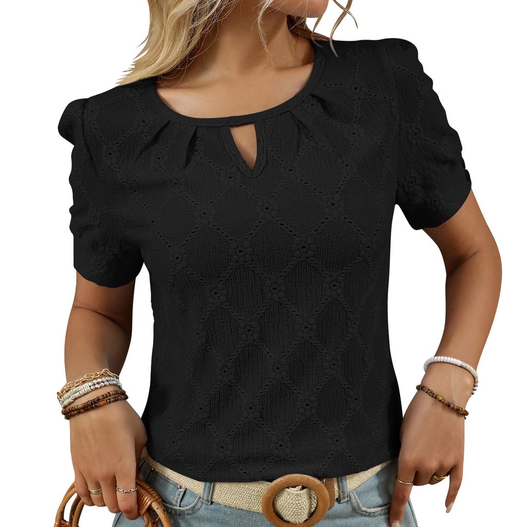 2025 Весна/Лето Новая однотонная футболка с круглым вырезом и коротким рукавом на пуговицах с открытыми плечами