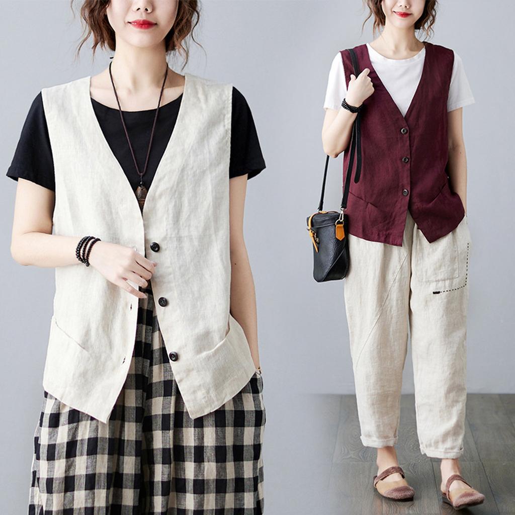 Retro Linen Vest For Women Loose And Versatile Sleeveless Casual Slim Vest Solid Color Waistcoat Cotton And Linen Short Jacket