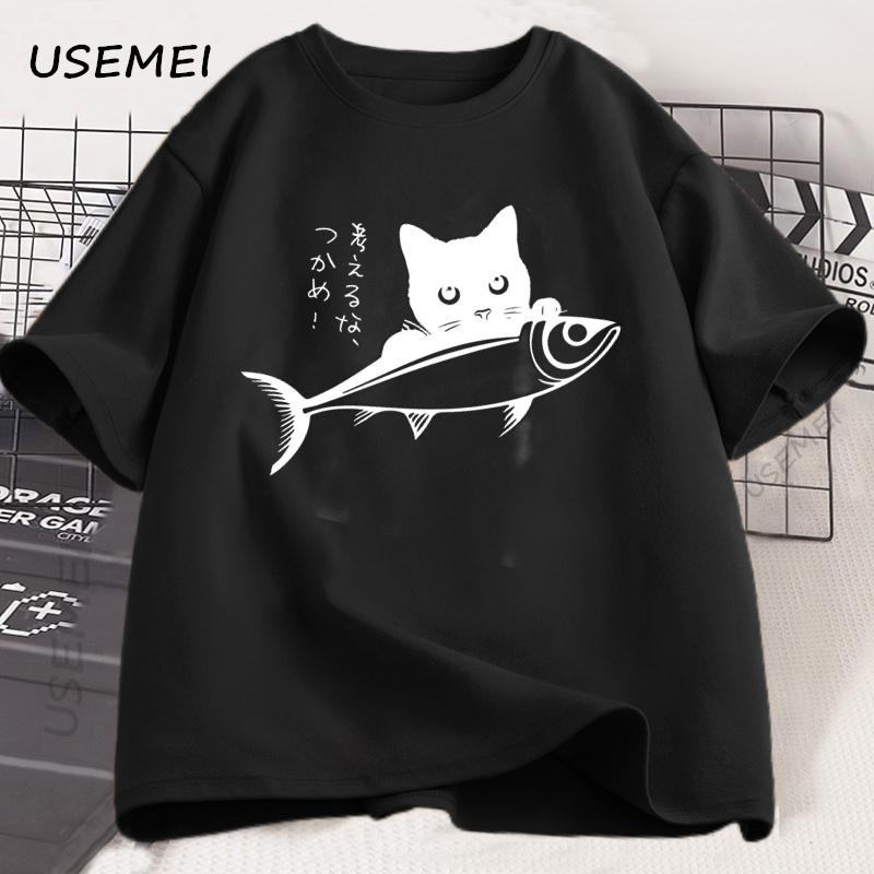 Черная кошка футболка Мужская Женская Любитель кошек Футболка Японский стритвир Рыба футболка Смешная Кавайная Владелец кошки Футболка Хлопок Короткий рукав