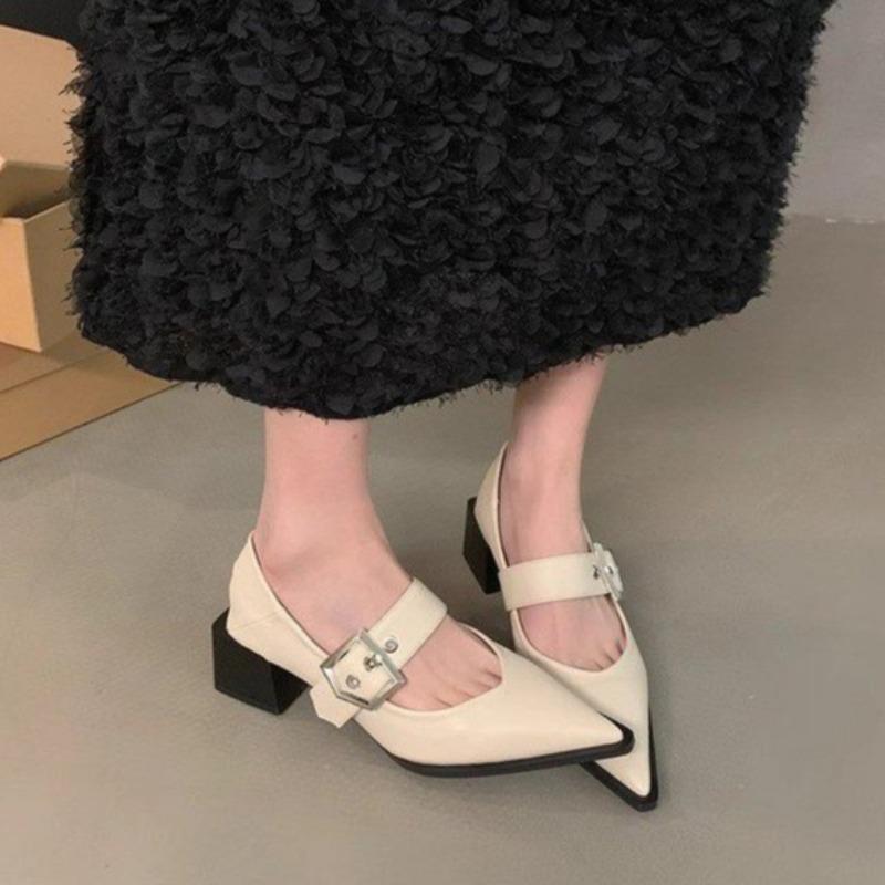 Женская мода Туфли на толстом каблуке Осень Новые Остроносые С мелким вырезом Противоскользящие Износостойкие Низкие туфли