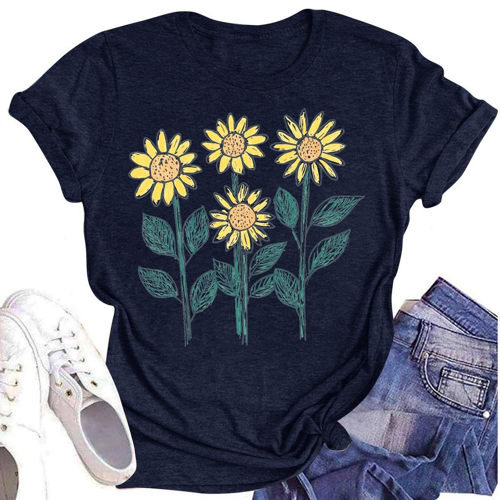 Женская повседневная футболка с круглым вырезом и цветочным принтом, короткий рукав