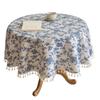 Nordic Cotton Linen Round Tablecloth - Advanced Blue Floral Design, Retro Pastoral Style for Dining and Photo Backgrounds