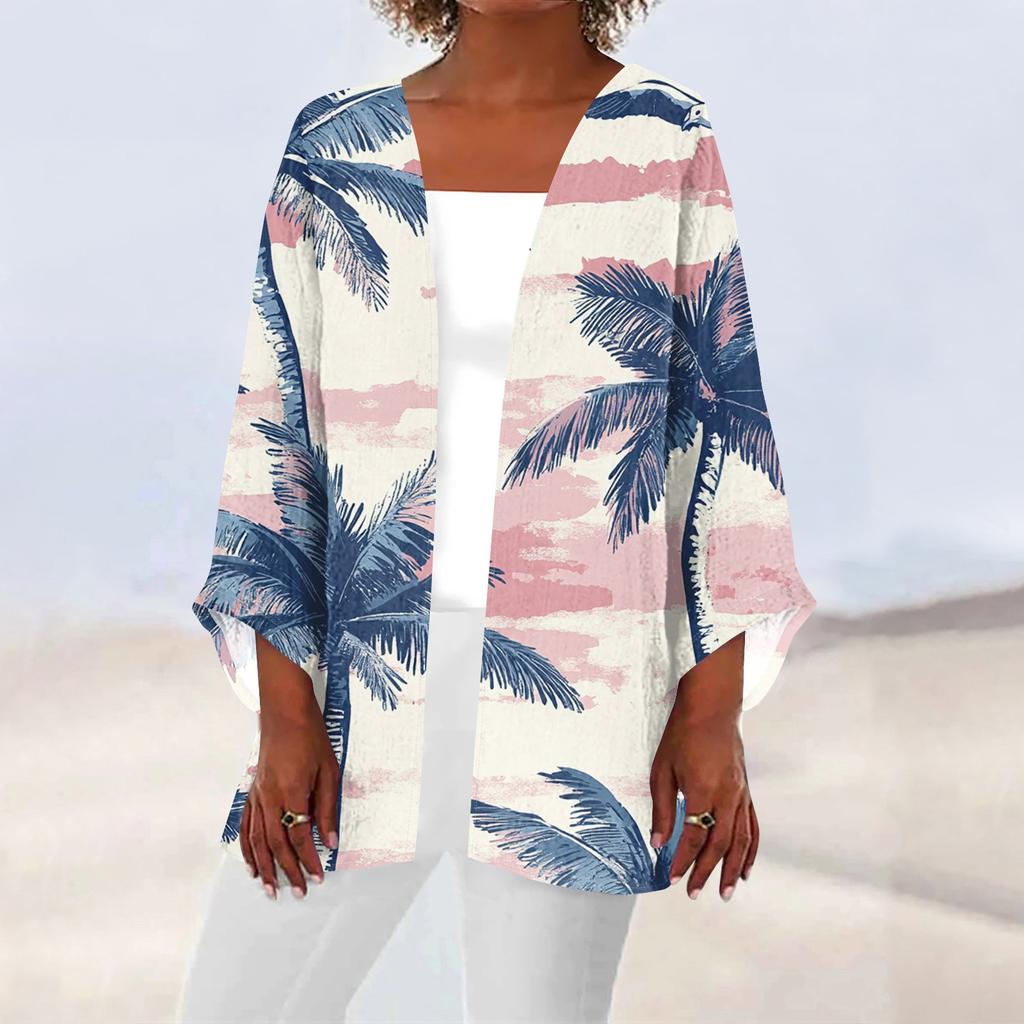 Women's Casual Fashion Beach Ocean Tree Print Lightweight Mid-Length Jacket Cardigan