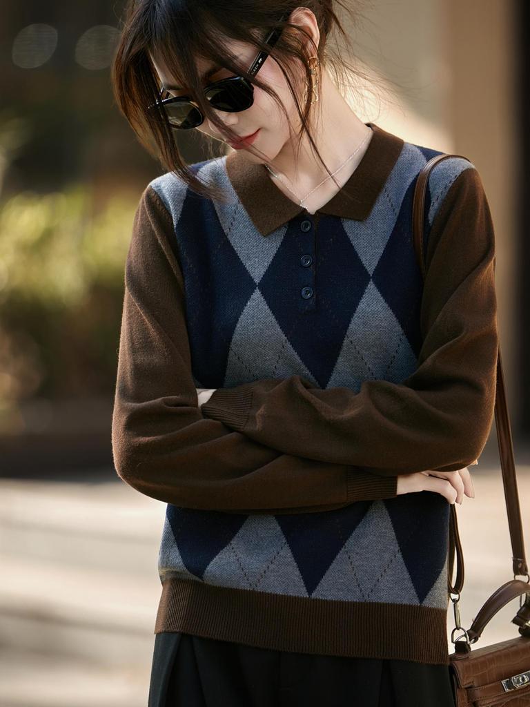 Women's 2025 Autumn/Winter Retro Argyle Patchwork Polo Collar Knitted Sweater - Loose Casual Fit