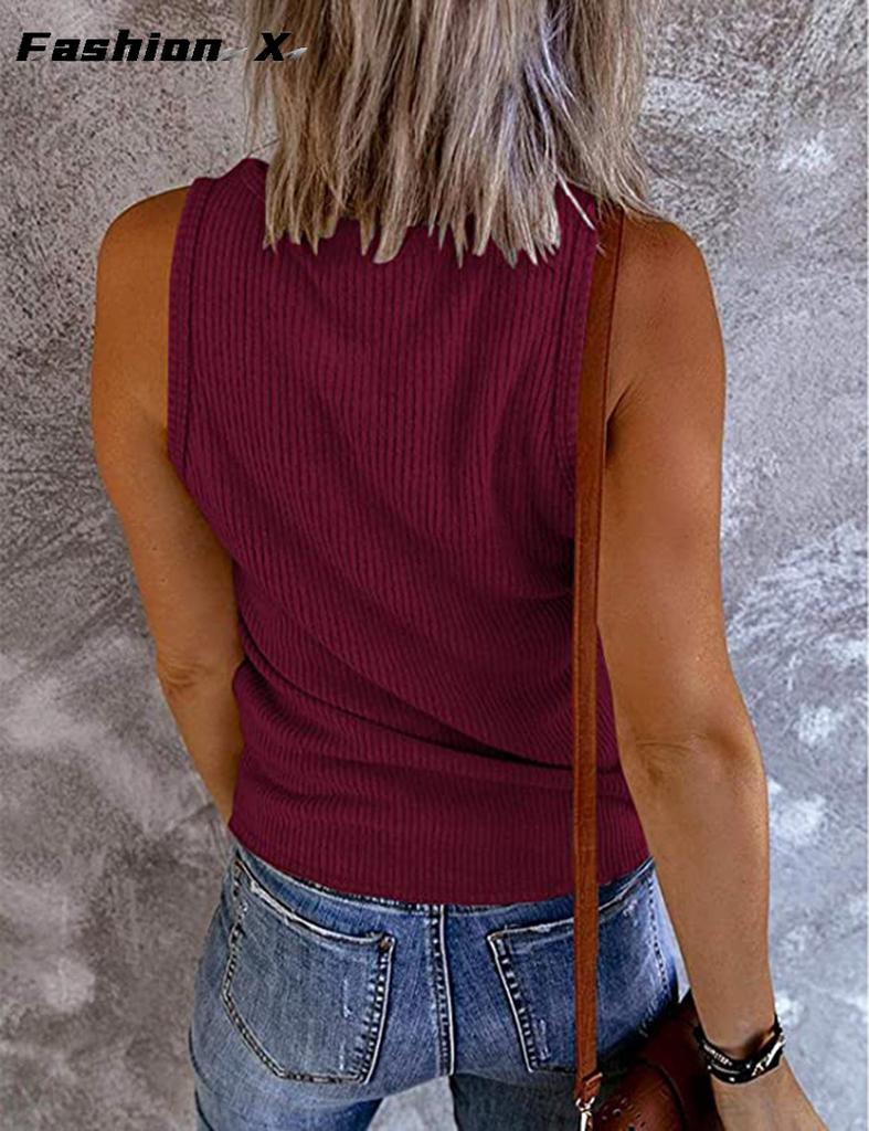 Summer New Europe and The United States Women's Buckle Knitted Undershirt Solid Color V-neck Sleeveless Blouse Female