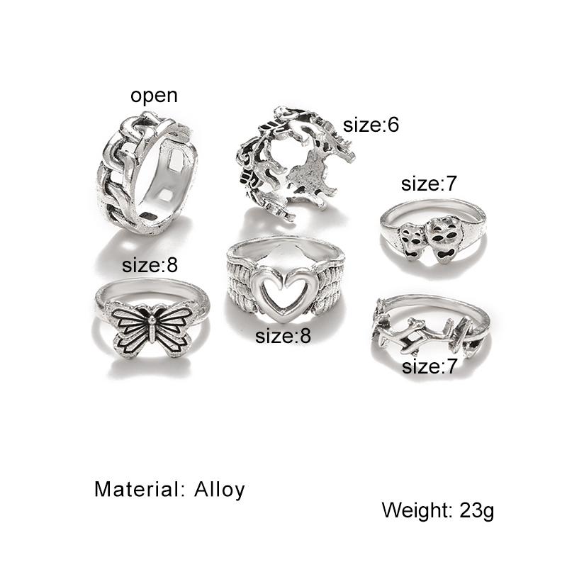 Кольцо в стиле ретро-гримаса с бабочкой. Модное трендовое кольцо. Женское кольцо из шести частей. Регулируемое кольцо в форме сердца.