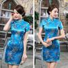 Women Chinese Dragon Phoenix Embroidery High Neck Short Sleeve Split Mini Dress